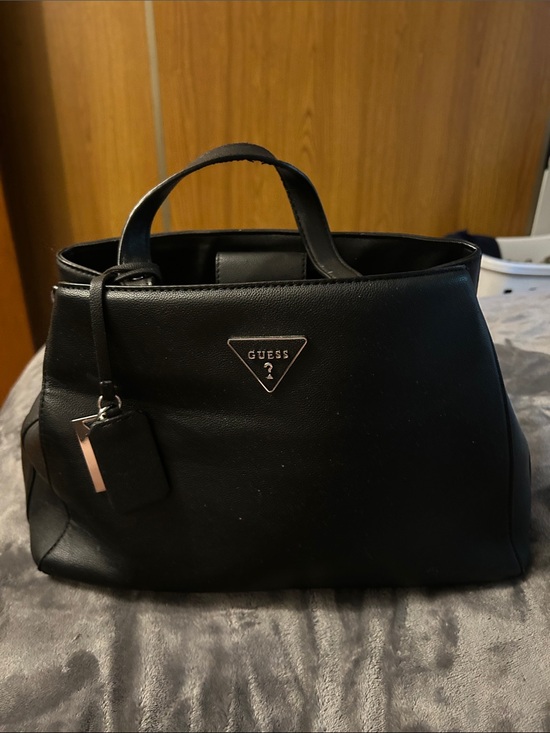 Guess Handbags - GUESS Black Leather Tote with Triangular Logo Plaque